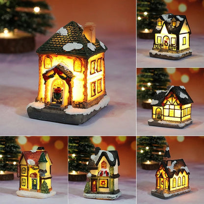 Miniature LED Christmas Village House – Glowing Resin Snow Cottage Tabletop Ornament