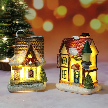 Miniature LED Christmas Village House – Glowing Resin Snow Cottage Tabletop Ornament