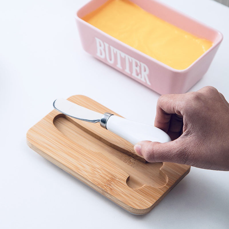 Ceramic Butter Dish with Wooden Bamboo Lid & Stainless Steel Spreader Knife