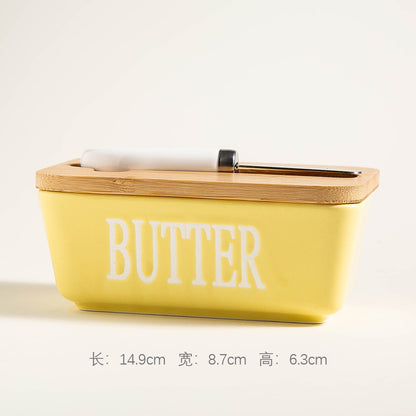 Ceramic Butter Dish with Wooden Bamboo Lid & Stainless Steel Spreader Knife