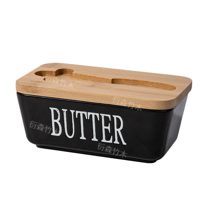 Ceramic Butter Dish with Wooden Bamboo Lid & Stainless Steel Spreader Knife