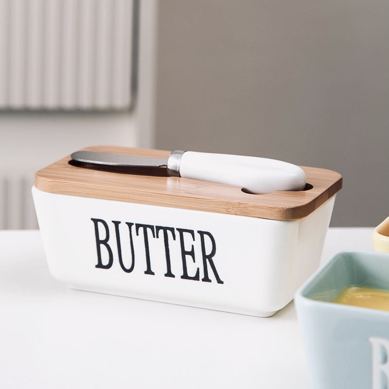 Ceramic Butter Dish with Wooden Bamboo Lid & Stainless Steel Spreader Knife