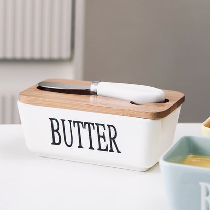 Ceramic Butter Dish with Wooden Bamboo Lid & Stainless Steel Spreader Knife