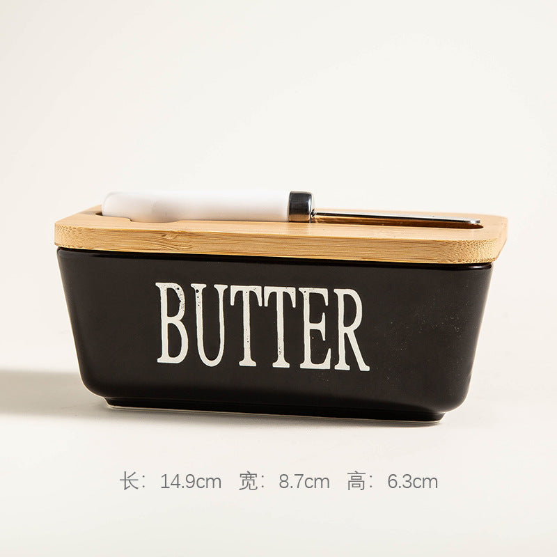 Ceramic Butter Dish with Wooden Bamboo Lid & Stainless Steel Spreader Knife