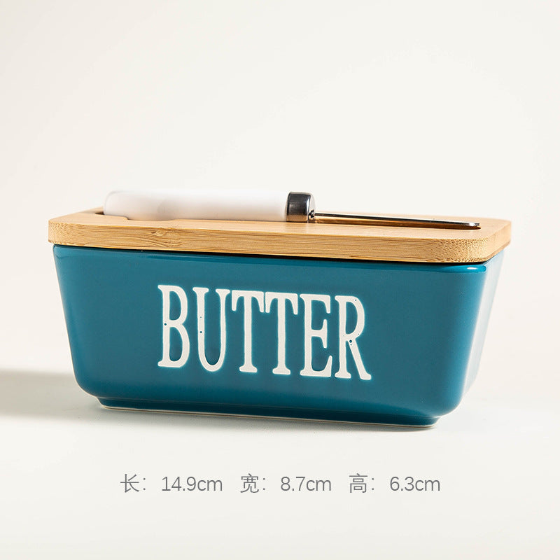 Ceramic Butter Dish with Wooden Bamboo Lid & Stainless Steel Spreader Knife