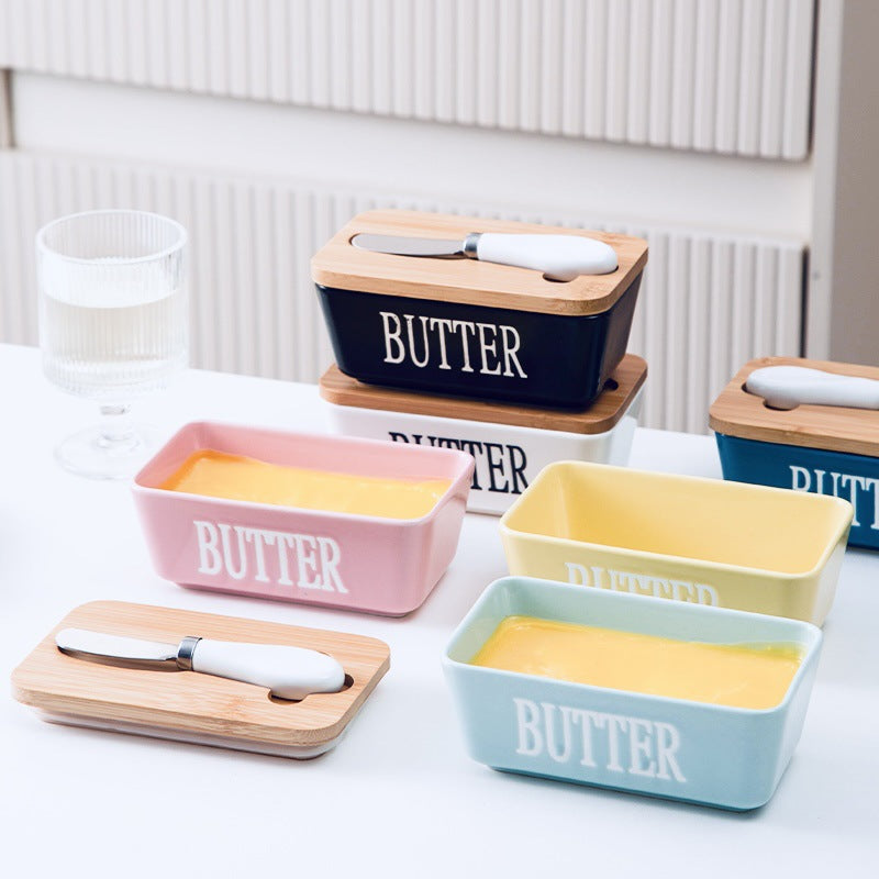 Ceramic Butter Dish with Wooden Bamboo Lid & Stainless Steel Spreader Knife