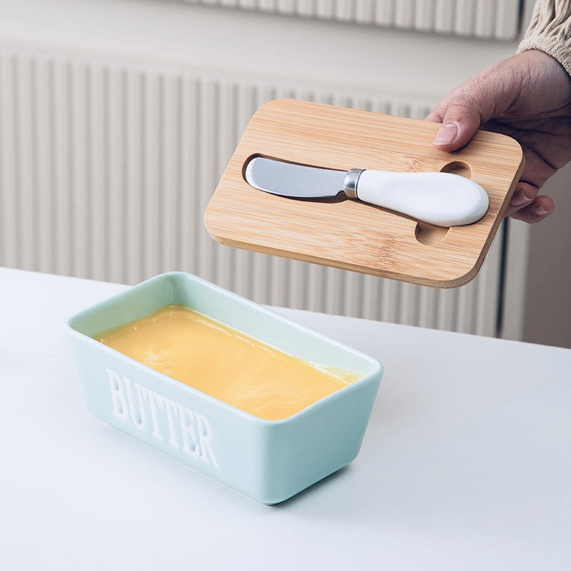 Ceramic Butter Dish with Wooden Bamboo Lid & Stainless Steel Spreader Knife