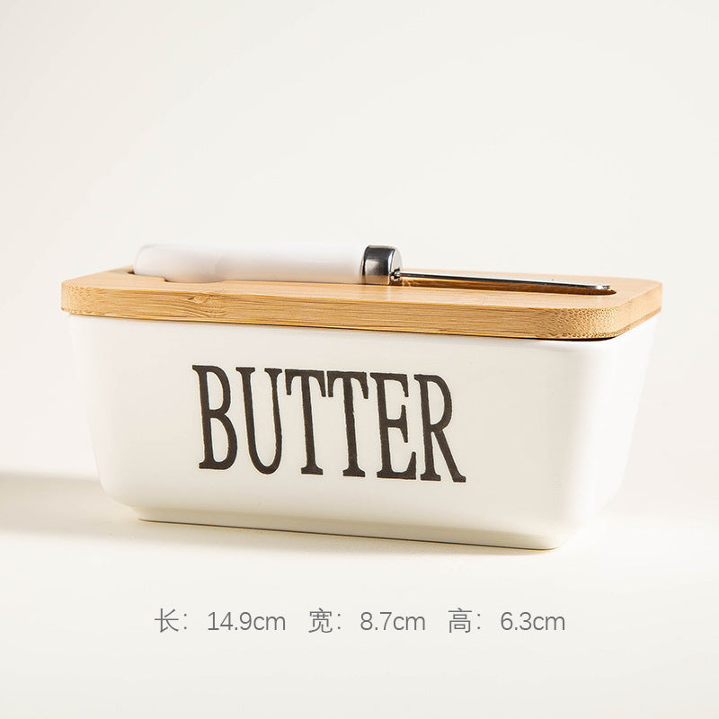 Ceramic Butter Dish with Wooden Bamboo Lid & Stainless Steel Spreader Knife