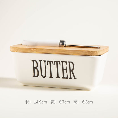 Ceramic Butter Dish with Wooden Bamboo Lid & Stainless Steel Spreader Knife
