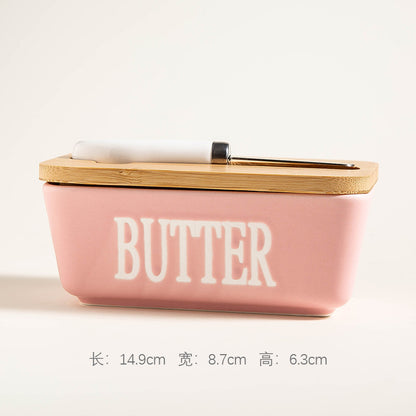 Ceramic Butter Dish with Wooden Bamboo Lid & Stainless Steel Spreader Knife