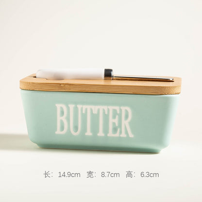Ceramic Butter Dish with Wooden Bamboo Lid & Stainless Steel Spreader Knife