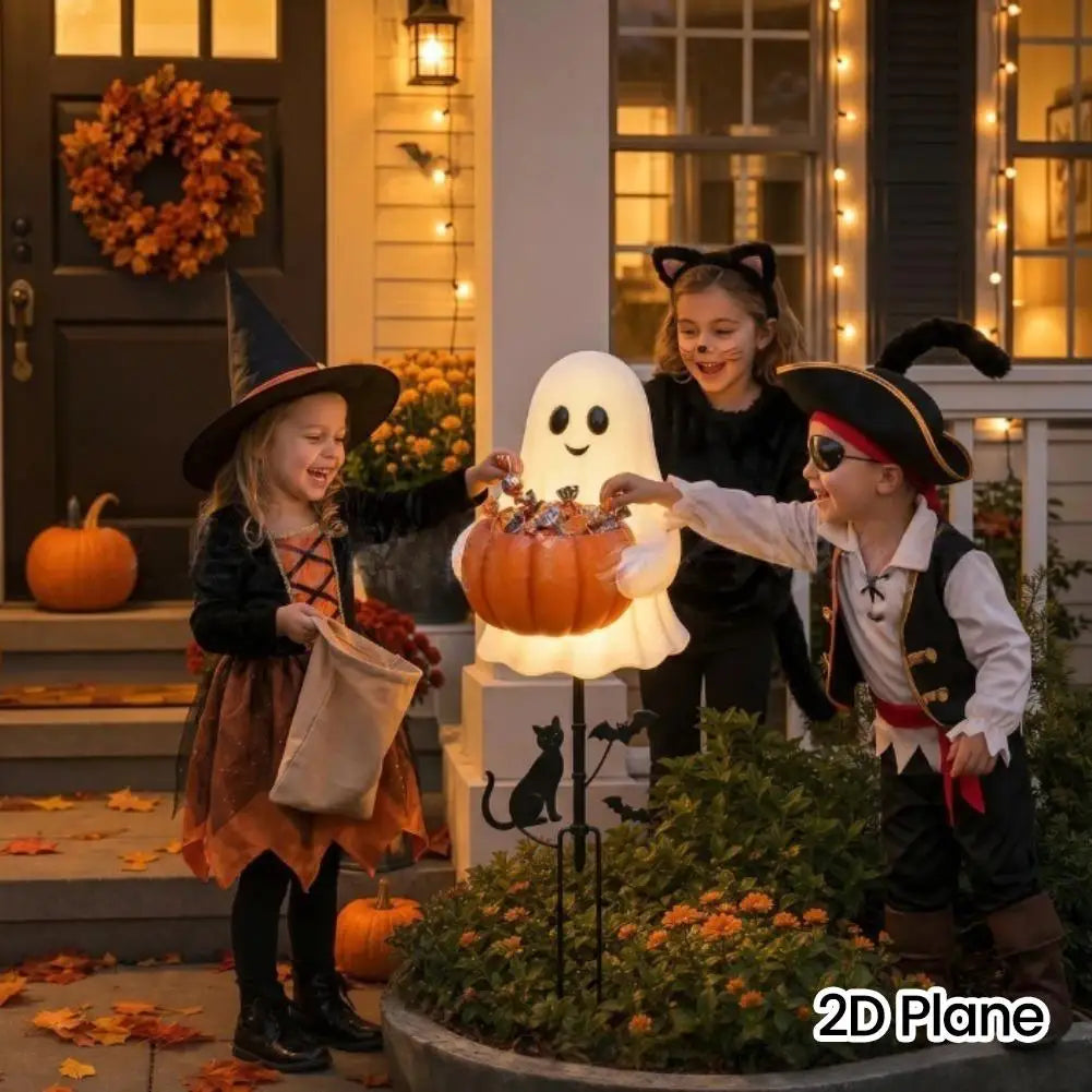 Light-Up Halloween Ghost Garden Stake — 15.75" Outdoor Candy Bowl Welcome Light with Black Cat & Bat Silhouettes