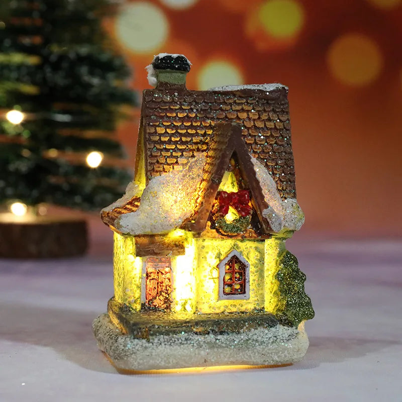 Miniature LED Christmas Village House – Glowing Resin Snow Cottage Tabletop Ornament