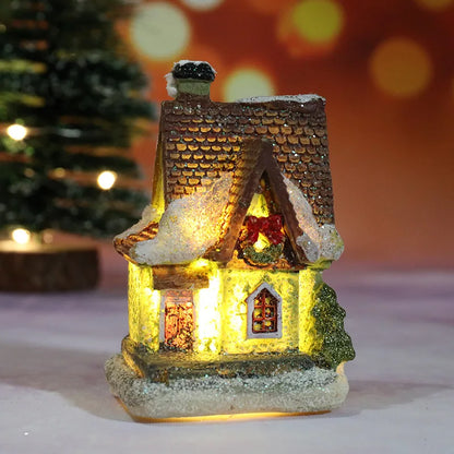 Miniature LED Christmas Village House – Glowing Resin Snow Cottage Tabletop Ornament