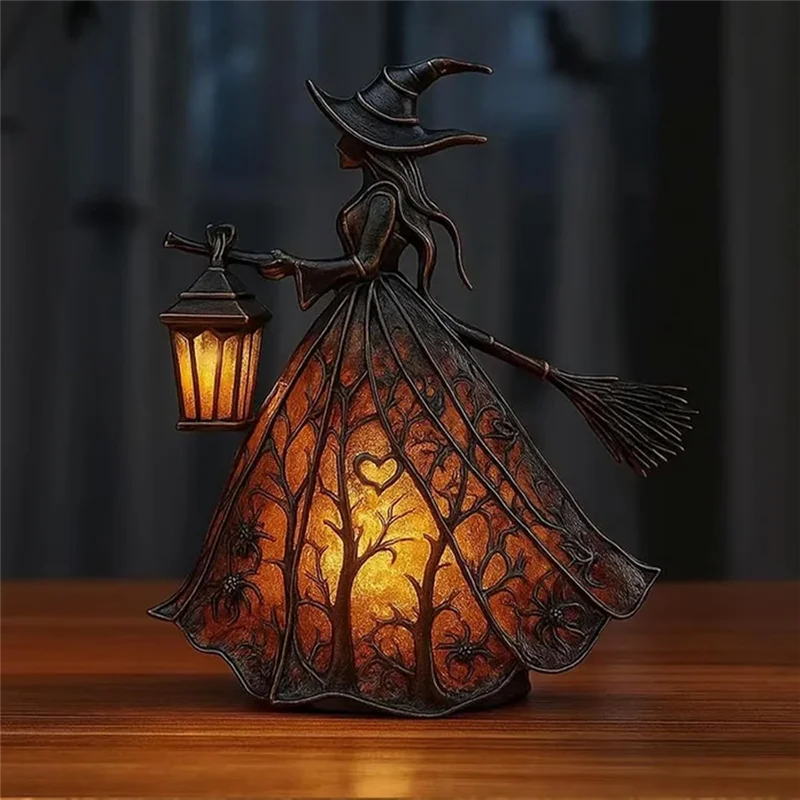 Illuminated Forest Witch Figurine – 7" Light-Up Halloween Tabletop Statue & Lantern Decor