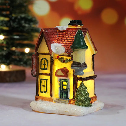 Miniature LED Christmas Village House – Glowing Resin Snow Cottage Tabletop Ornament