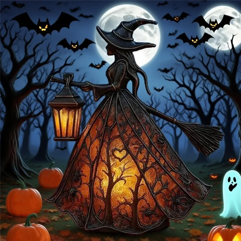 Illuminated Forest Witch Figurine – 7" Light-Up Halloween Tabletop Statue & Lantern Decor