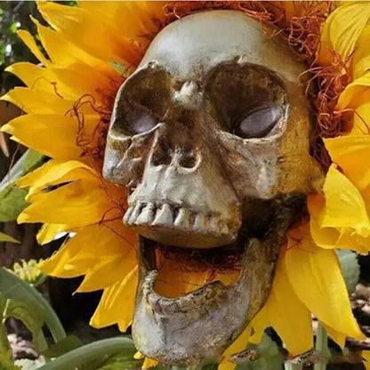 Artificial Sunflower Skull Garden Stake — Spooky Horror Halloween Yard Decoration & Skeleton Plant Lawn Ornament