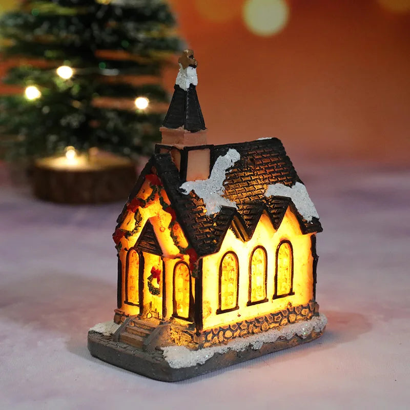 Miniature LED Christmas Village House – Glowing Resin Snow Cottage Tabletop Ornament