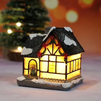 Miniature LED Christmas Village House – Glowing Resin Snow Cottage Tabletop Ornament