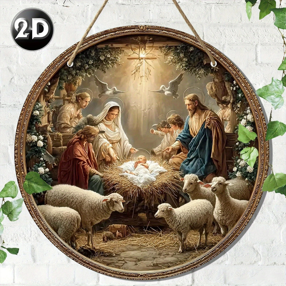 Round Wooden Nativity Scene Wall Hanging – Flat Printed Christmas Sign Decor
