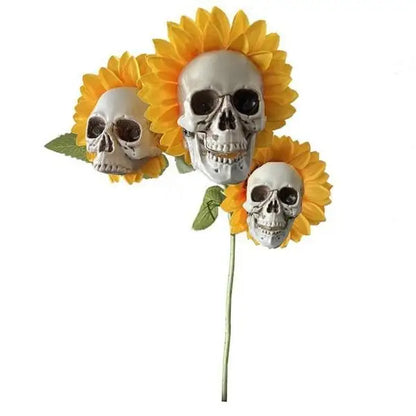Artificial Sunflower Skull Garden Stake — Spooky Horror Halloween Yard Decoration & Skeleton Plant Lawn Ornament