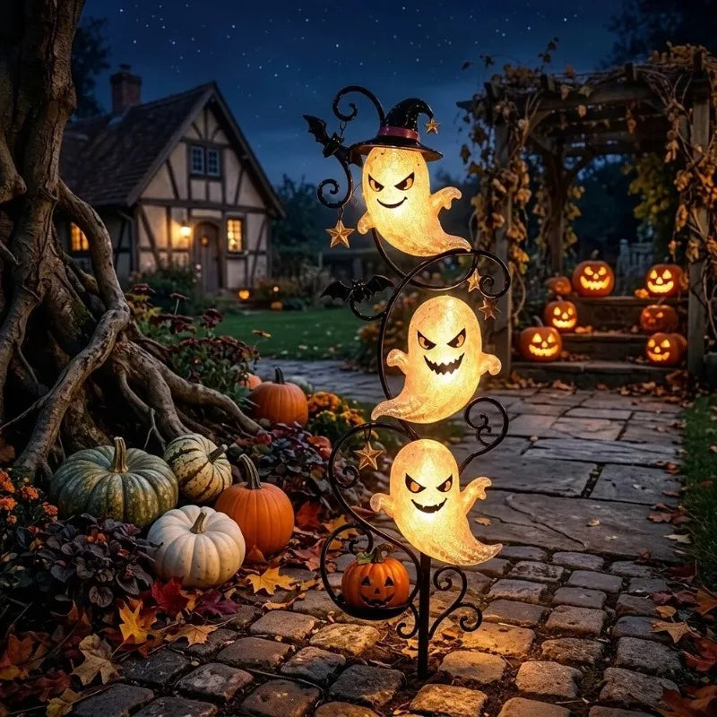 Lighted 3-Tier Ghost Halloween Garden Stake — 17.7" Wrought Iron Yard Light with Witch Hat, Bats & Mini Pumpkin