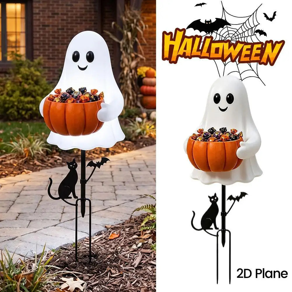Light-Up Halloween Ghost Garden Stake — 15.75" Outdoor Candy Bowl Welcome Light with Black Cat & Bat Silhouettes