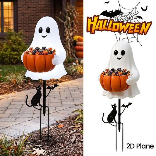 Light-Up Halloween Ghost Garden Stake — 15.75" Outdoor Candy Bowl Welcome Light with Black Cat & Bat Silhouettes