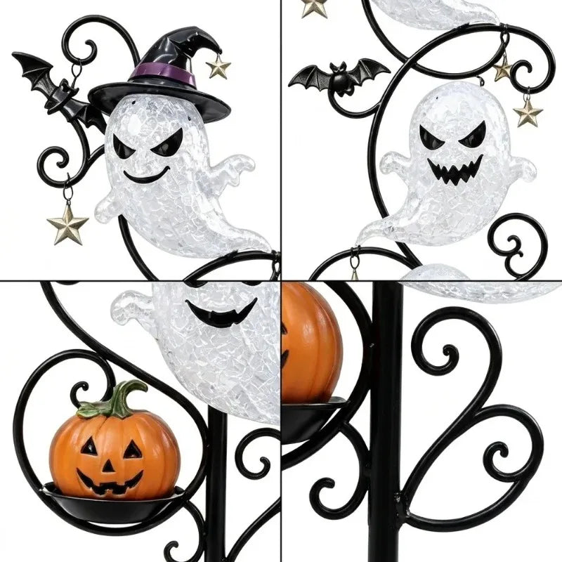 Lighted 3-Tier Ghost Halloween Garden Stake — 17.7" Wrought Iron Yard Light with Witch Hat, Bats & Mini Pumpkin