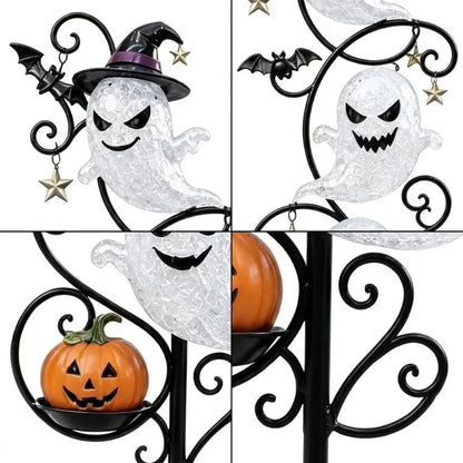Lighted 3-Tier Ghost Halloween Garden Stake — 17.7" Wrought Iron Yard Light with Witch Hat, Bats & Mini Pumpkin