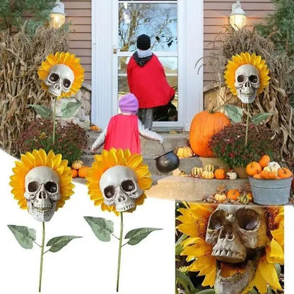 Artificial Sunflower Skull Garden Stake — Spooky Horror Halloween Yard Decoration & Skeleton Plant Lawn Ornament