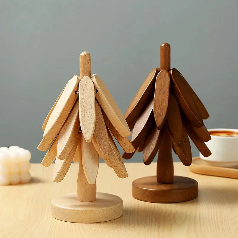 Wooden Tree Trivet & Coaster Set | Foldable Heat-Resistant Wooden Hot Pads