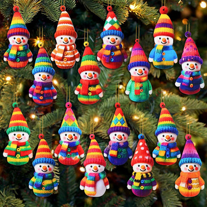 Mini Wooden Snowman Christmas Tree Ornaments – Flat Colorful Knit-Look Holiday Hanging Pendant Decorations