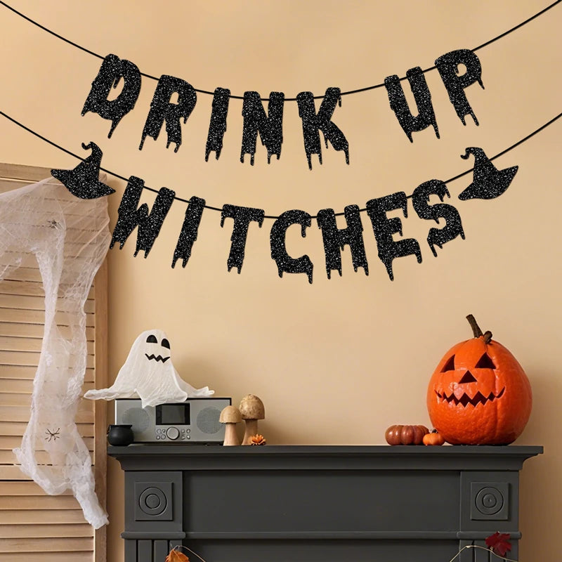 "Drink Up Witches" Glitter Banner - Spooky Halloween Party Garland Decor
