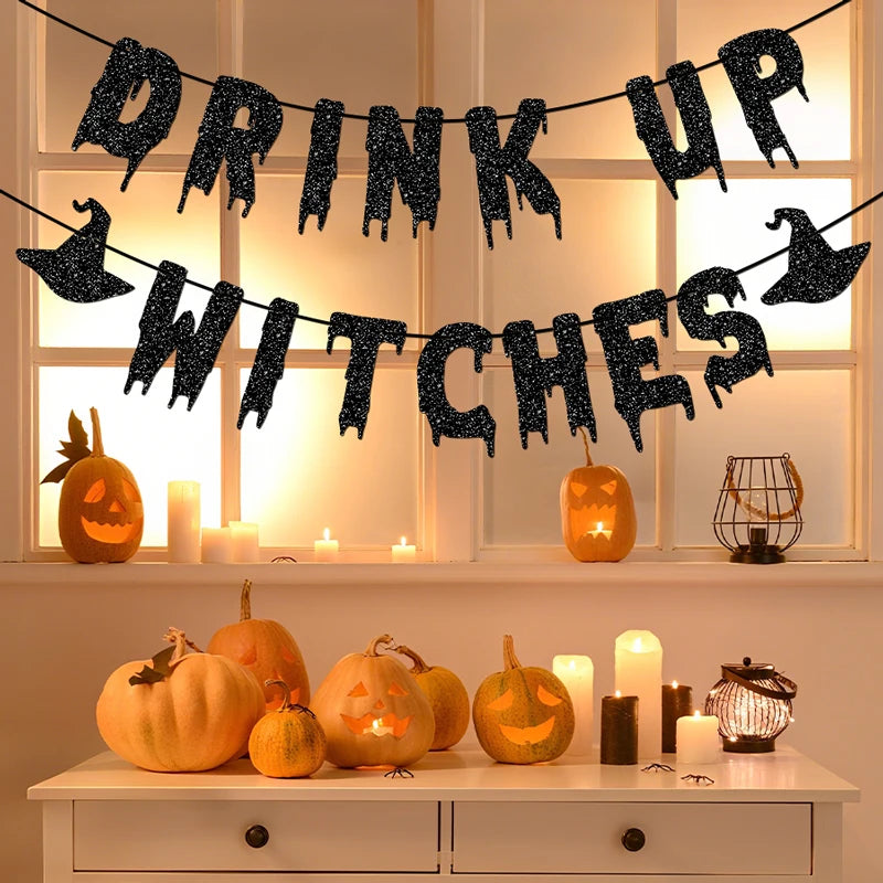 "Drink Up Witches" Glitter Banner - Spooky Halloween Party Garland Decor