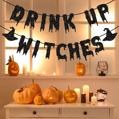 "Drink Up Witches" Glitter Banner - Spooky Halloween Party Garland Decor