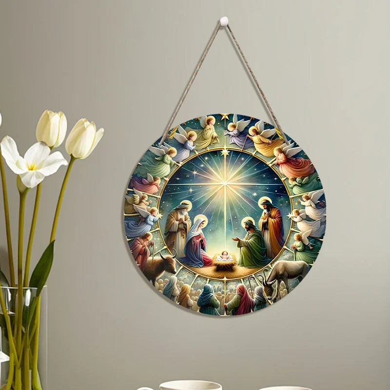 Round Wooden Nativity Scene Wall Hanging – Flat Printed Christmas Sign Decor