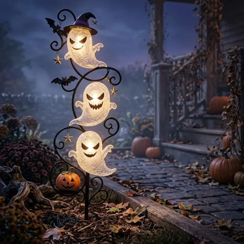 Lighted 3-Tier Ghost Halloween Garden Stake — 17.7" Wrought Iron Yard Light with Witch Hat, Bats & Mini Pumpkin