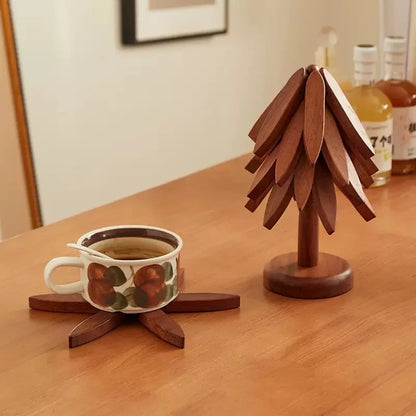 Wooden Tree Trivet & Coaster Set | Foldable Heat-Resistant Wooden Hot Pads