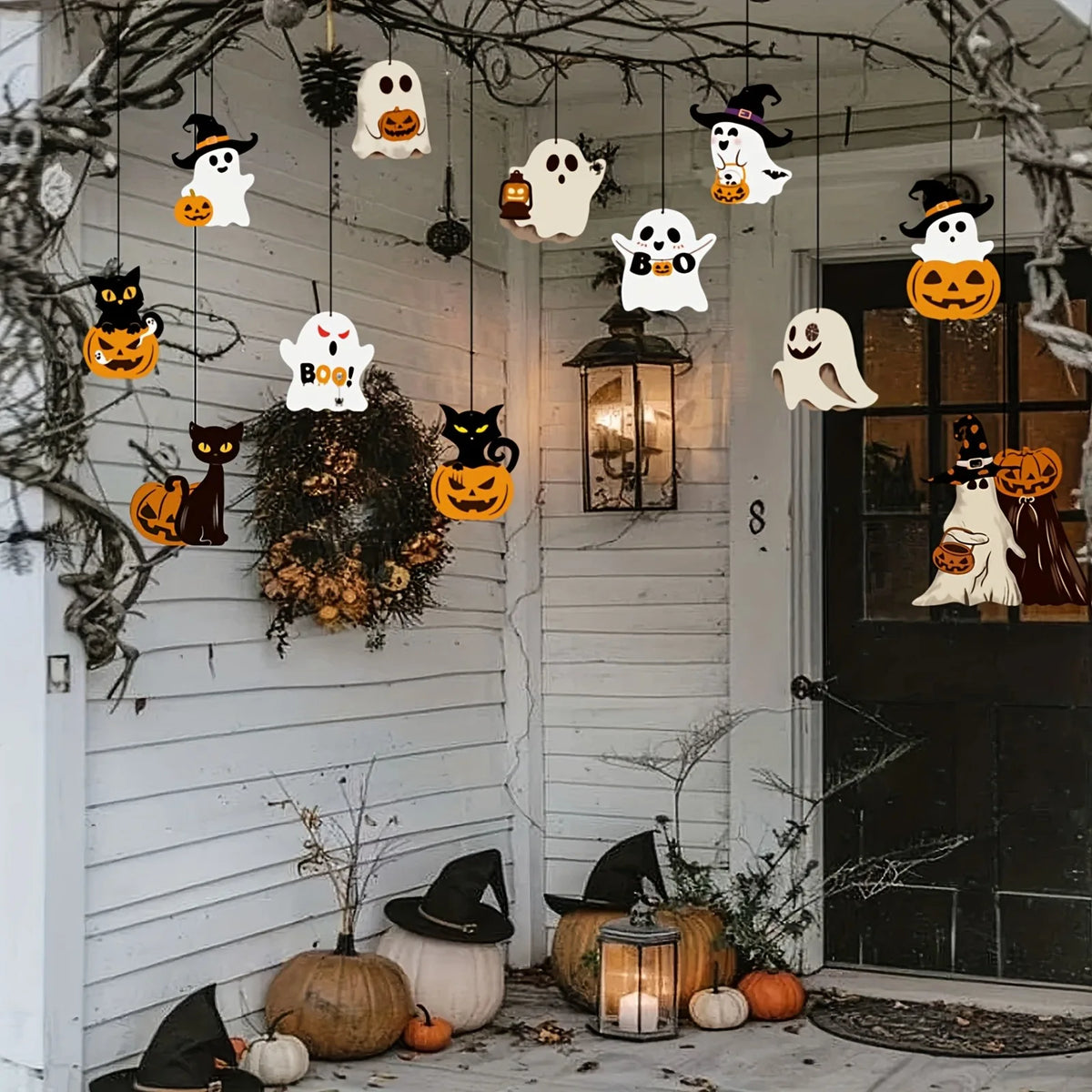 "BOO!" Halloween Hanging Swirls & Cutouts Set (12-Piece Outdoor & Indoor Decor)