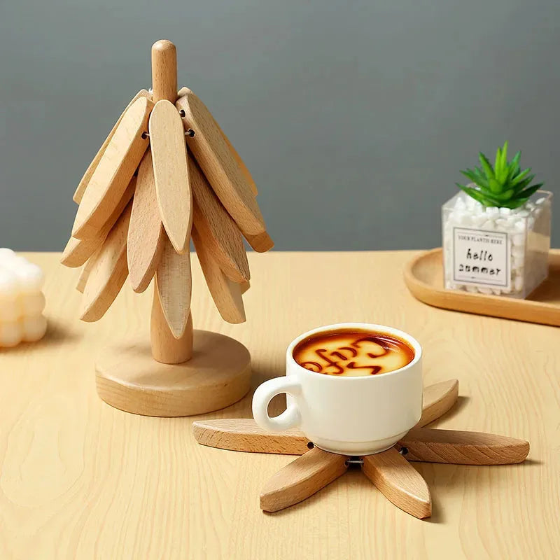 Wooden Tree Trivet & Coaster Set | Foldable Heat-Resistant Wooden Hot Pads