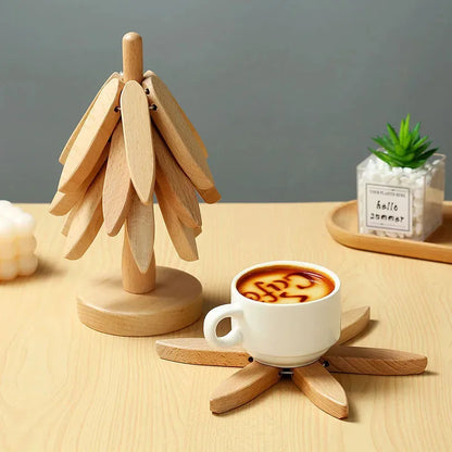 Wooden Tree Trivet & Coaster Set | Foldable Heat-Resistant Wooden Hot Pads