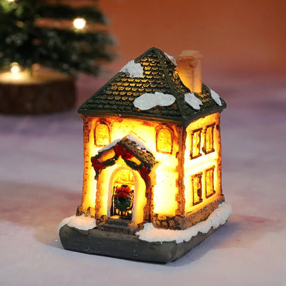 Miniature LED Christmas Village House – Glowing Resin Snow Cottage Tabletop Ornament