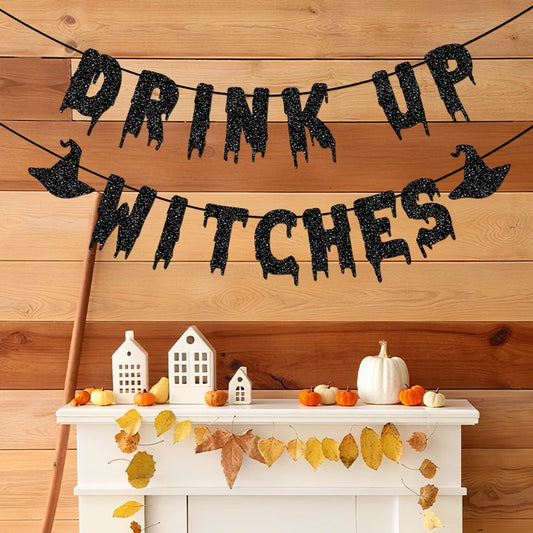 "Drink Up Witches" Glitter Banner - Spooky Halloween Party Garland Decor