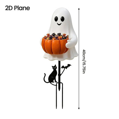Light-Up Halloween Ghost Garden Stake — 15.75" Outdoor Candy Bowl Welcome Light with Black Cat & Bat Silhouettes