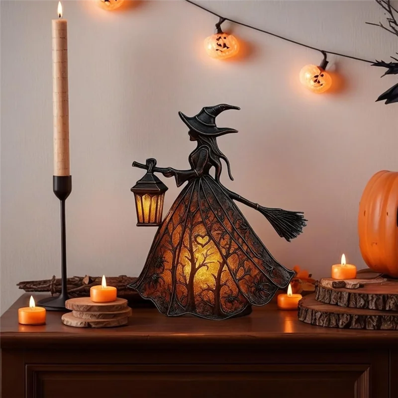 Illuminated Forest Witch Figurine – 7" Light-Up Halloween Tabletop Statue & Lantern Decor