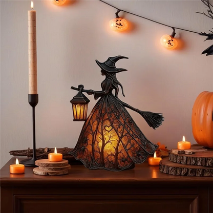 Illuminated Forest Witch Figurine – 7" Light-Up Halloween Tabletop Statue & Lantern Decor