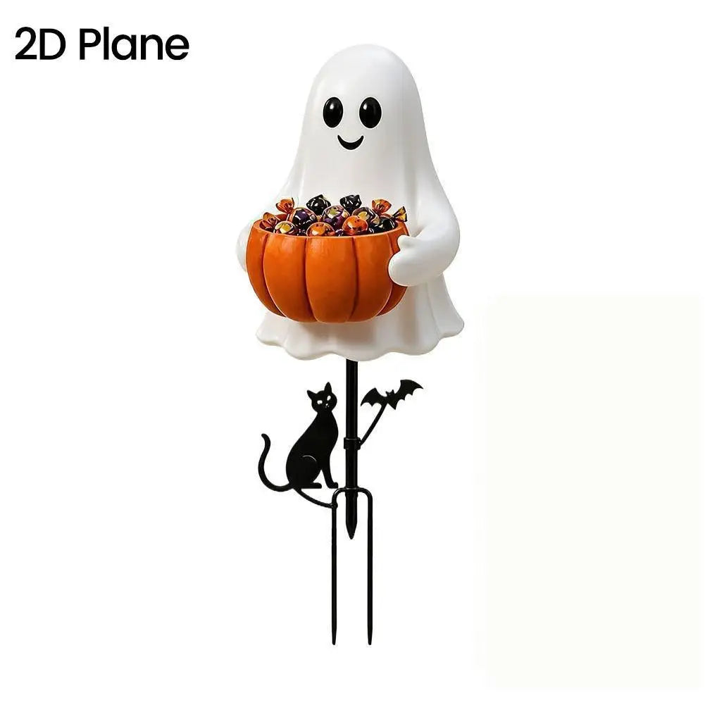 Light-Up Halloween Ghost Garden Stake — 15.75" Outdoor Candy Bowl Welcome Light with Black Cat & Bat Silhouettes