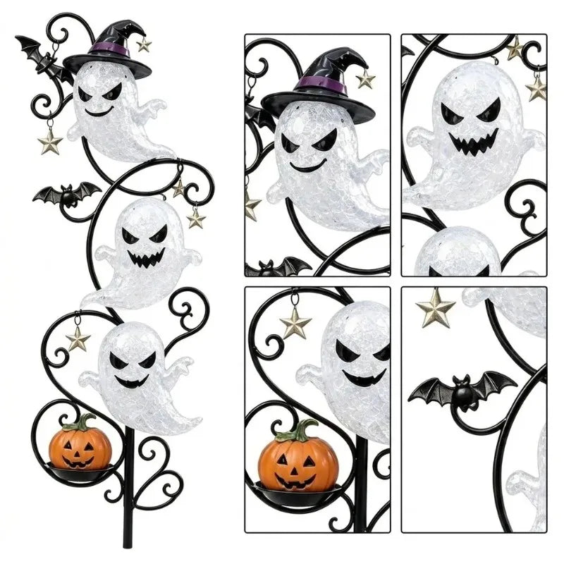 Lighted 3-Tier Ghost Halloween Garden Stake — 17.7" Wrought Iron Yard Light with Witch Hat, Bats & Mini Pumpkin